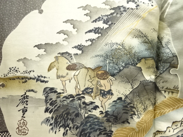 JAPANESE KIMONO / ANTIQUE MENS HAORI / SILK / DORO OSHIMA TSUMUGI / 53 STATIONS OF THE TOKAIDO(LINING)